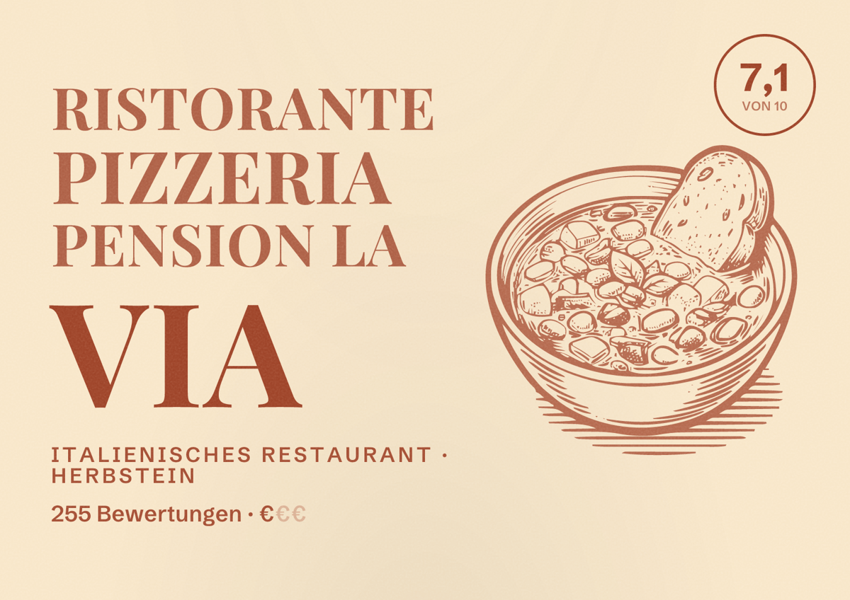 Illustriertes Poster von Ristorante Pizzeria Pension La Via, Italienisches Restaurant in Herbstein: Bewertung 7,1 von 10 aus 255 Bewertungen, Preisniveau €