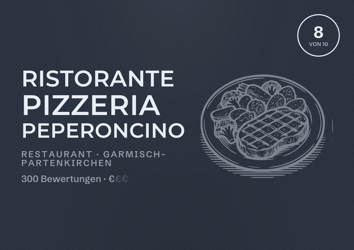 Illustriertes Poster von Ristorante Pizzeria Peperoncino, Restaurant in Garmisch-Partenkirchen: Bewertung 8 von 10 aus 300 Bewertungen, Preisniveau €
