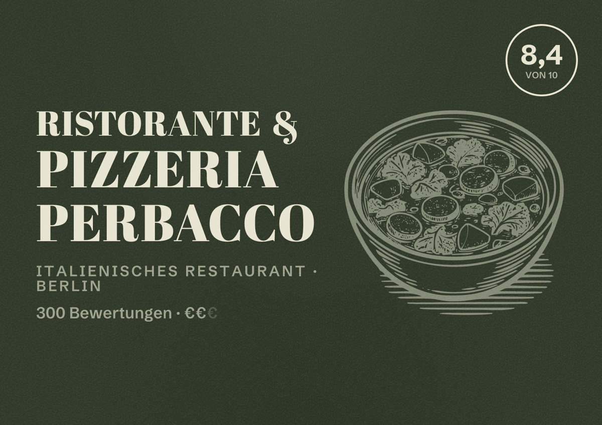 Illustriertes Poster von Ristorante & Pizzeria Perbacco, Italienisches Restaurant in Berlin: Bewertung 8,4 von 10 aus 300 Bewertungen, Preisniveau €€