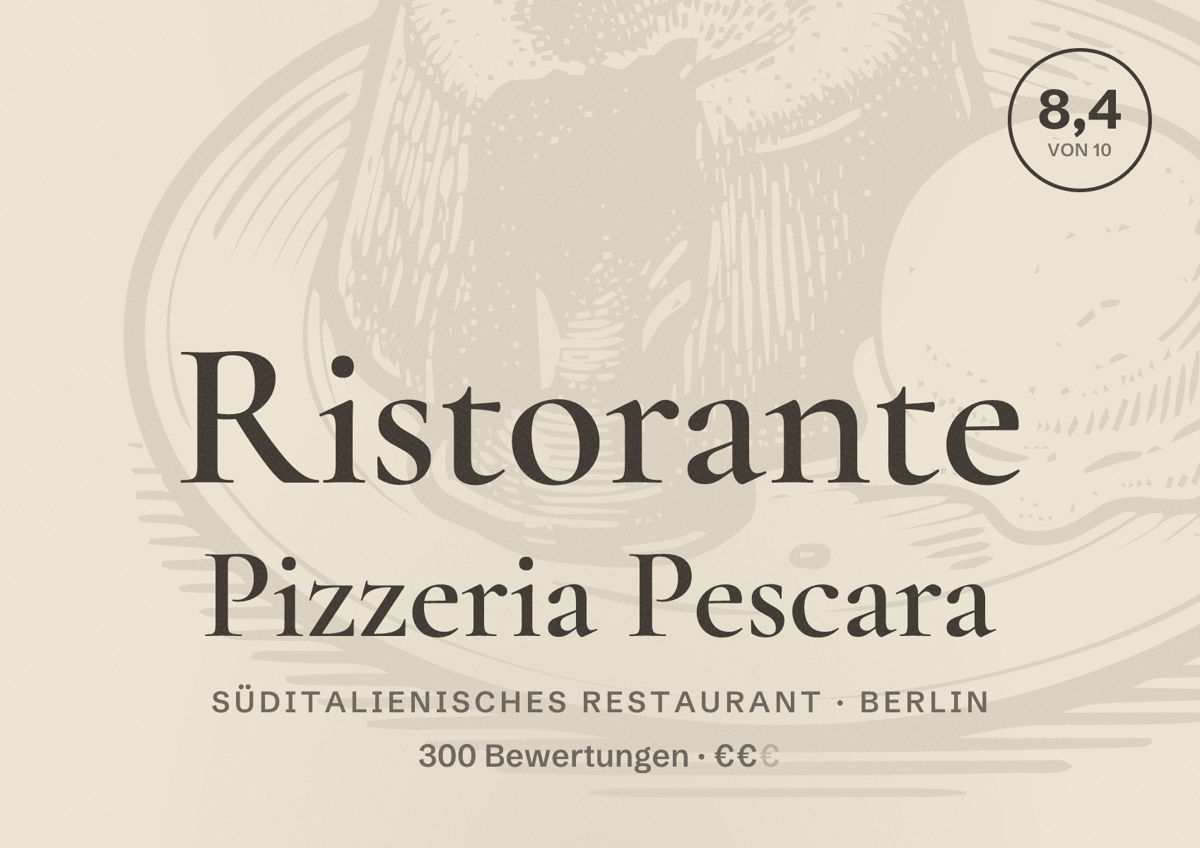 Illustriertes Poster von Ristorante Pizzeria Pescara, Süditalienisches Restaurant in Berlin: Bewertung 8,4 von 10 aus 300 Bewertungen, Preisniveau €€