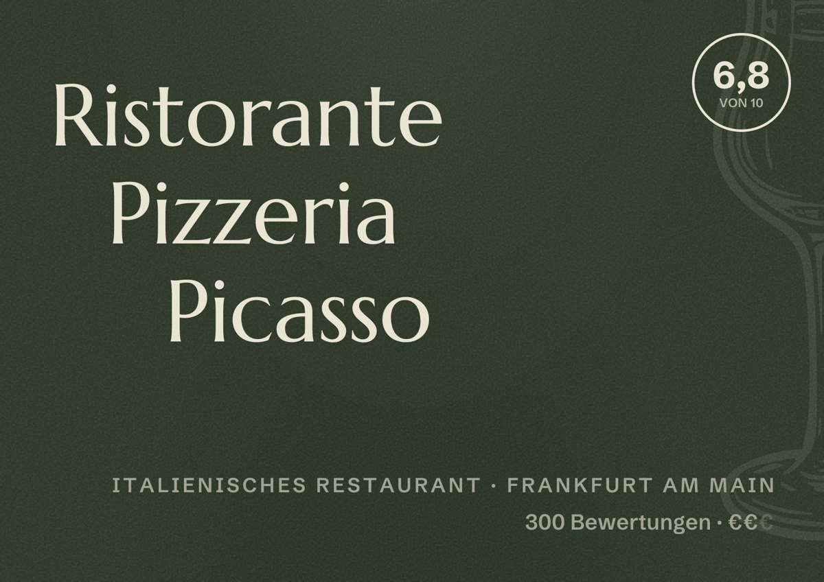 Illustriertes Poster von Ristorante Pizzeria Picasso, Italienisches Restaurant in Frankfurt am Main: Bewertung 6,8 von 10 aus 300 Bewertungen, Preisniveau €€