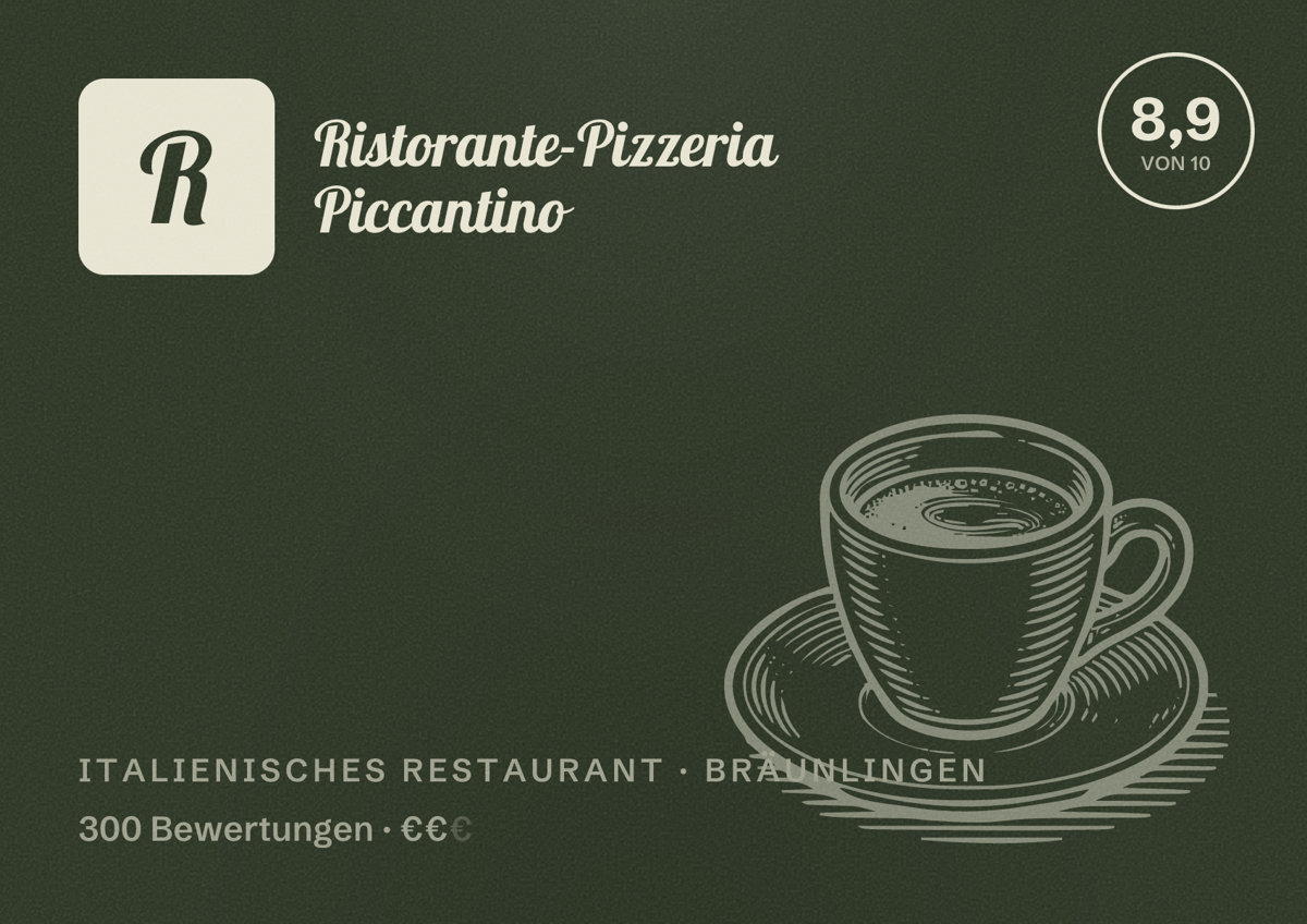 Illustriertes Poster von Ristorante-Pizzeria Piccantino, Italienisches Restaurant in Bräunlingen: Bewertung 8,9 von 10 aus 300 Bewertungen, Preisniveau €€