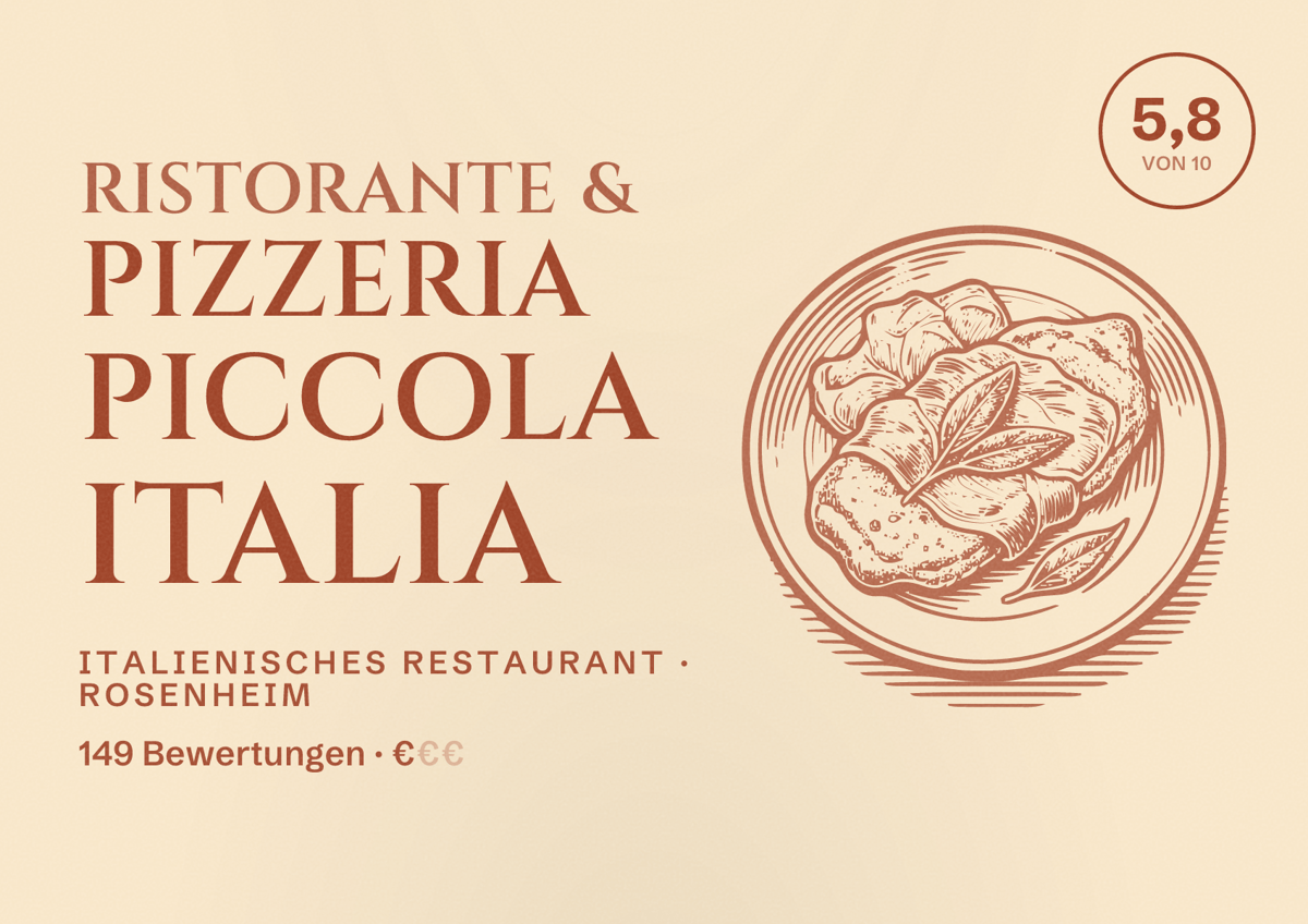 Illustriertes Poster von Ristorante & Pizzeria Piccola Italia, Italienisches Restaurant in Rosenheim: Bewertung 5,8 von 10 aus 149 Bewertungen, Preisniveau €