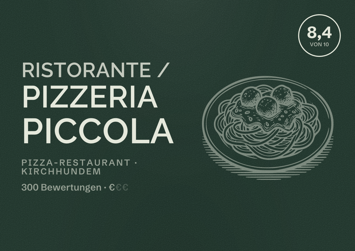 Illustriertes Poster von Ristorante / Pizzeria Piccola, Pizza-Restaurant in Kirchhundem: Bewertung 8,4 von 10 aus 300 Bewertungen, Preisniveau €