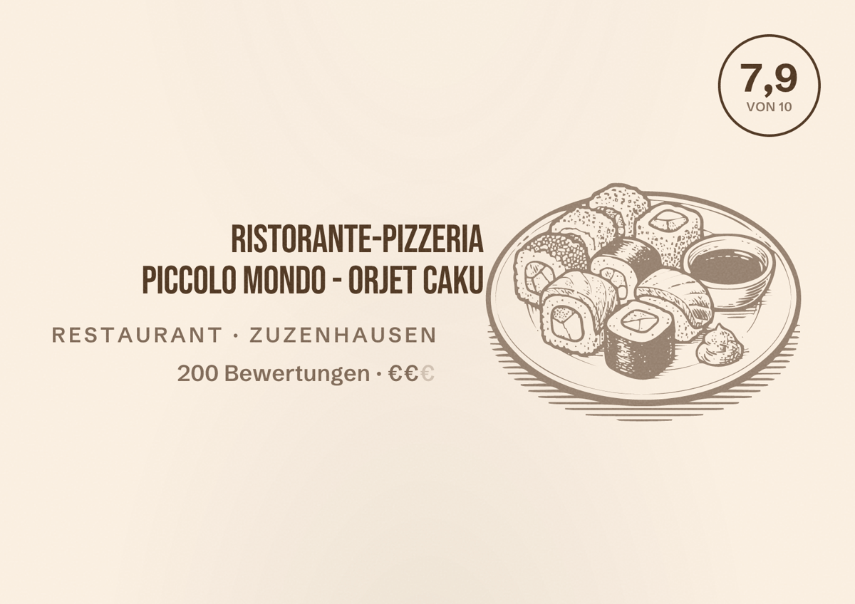 Illustriertes Poster von Ristorante-Pizzeria Piccolo Mondo - Orjet Caku, Restaurant in Zuzenhausen: Bewertung 7,9 von 10 aus 200 Bewertungen, Preisniveau €€