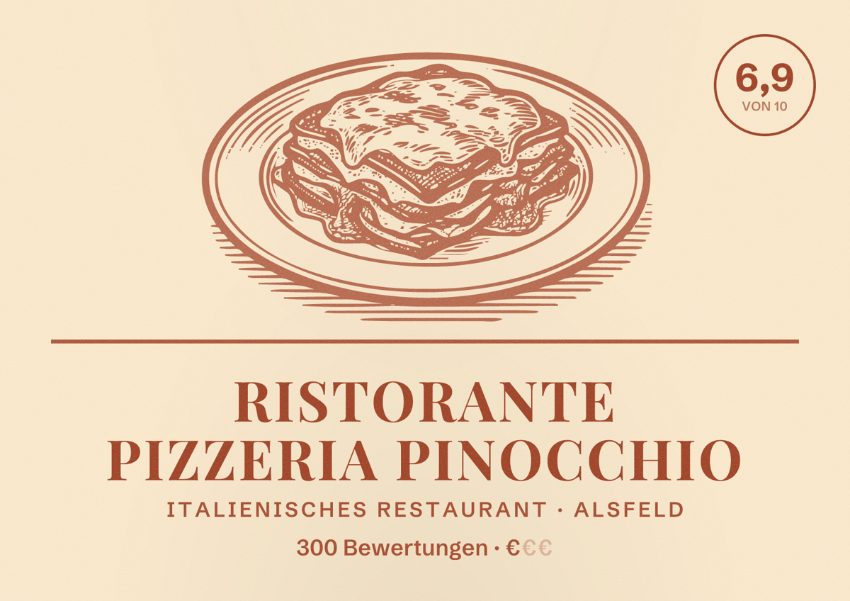 Illustriertes Poster von Ristorante Pizzeria Pinocchio, Italienisches Restaurant in Alsfeld: Bewertung 6,9 von 10 aus 300 Bewertungen, Preisniveau €