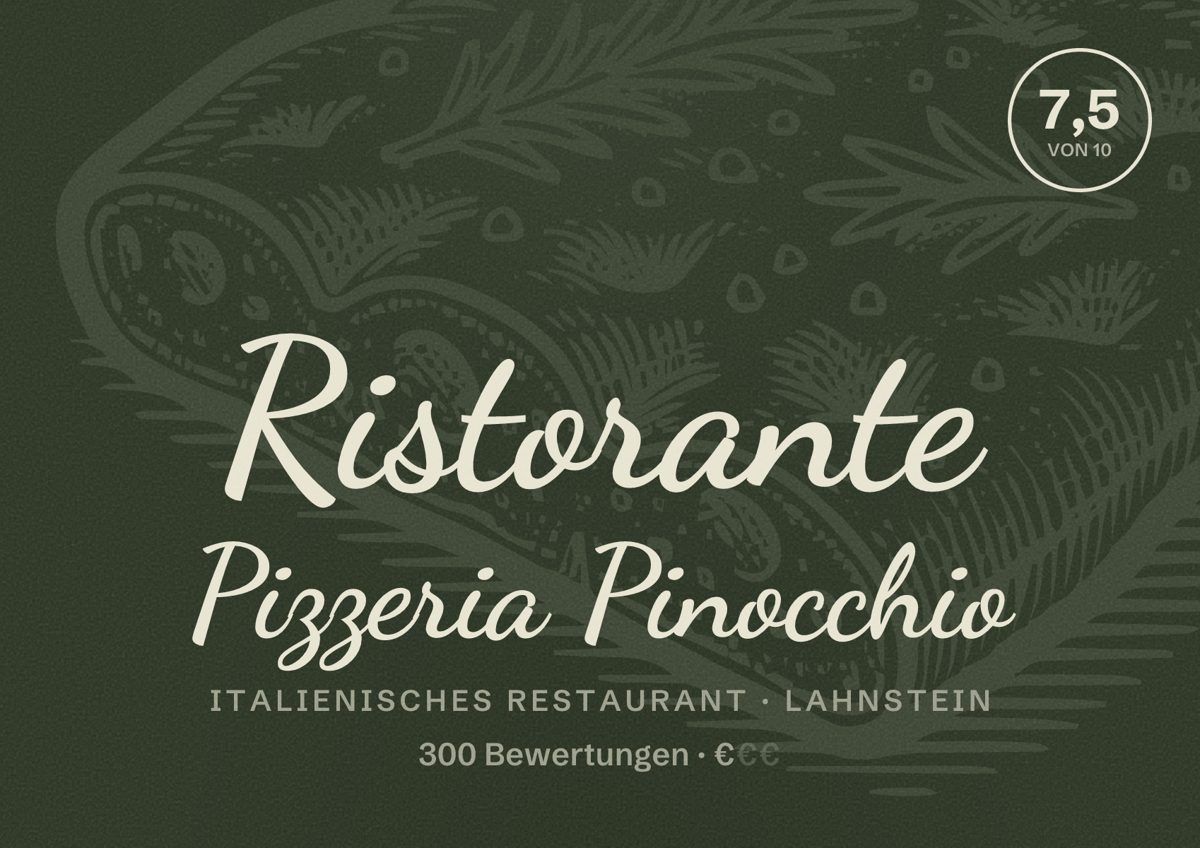 Illustriertes Poster von Ristorante Pizzeria Pinocchio, Italienisches Restaurant in Lahnstein: Bewertung 7,5 von 10 aus 300 Bewertungen, Preisniveau €