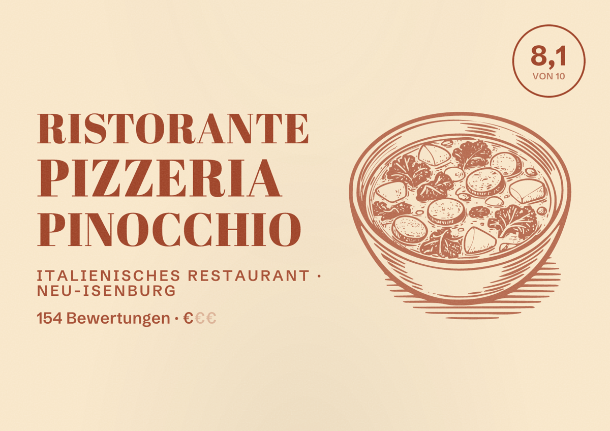 Illustriertes Poster von Ristorante Pizzeria Pinocchio, Italienisches Restaurant in Neu-Isenburg: Bewertung 8,1 von 10 aus 154 Bewertungen, Preisniveau €