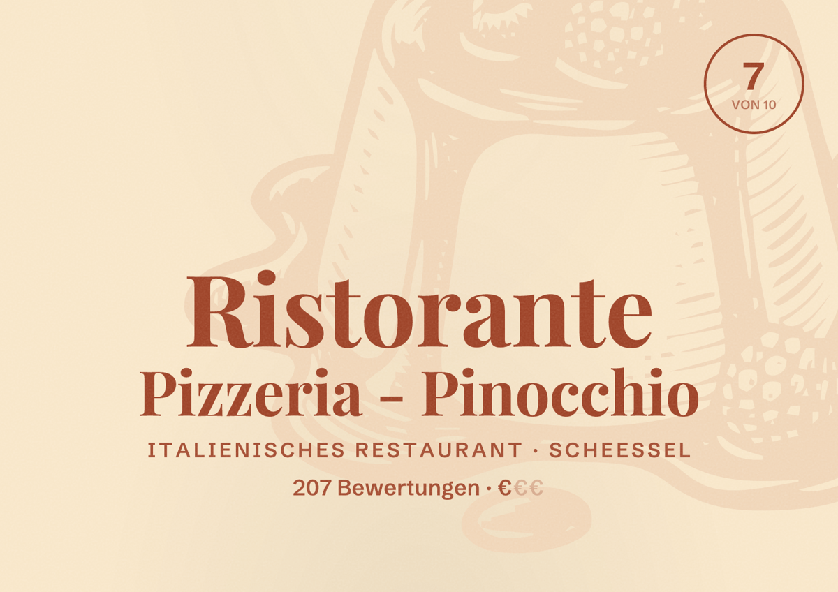 Illustriertes Poster von Ristorante Pizzeria - Pinocchio, Italienisches Restaurant in Scheeßel: Bewertung 7 von 10 aus 207 Bewertungen, Preisniveau €