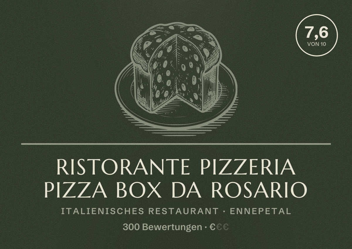 Illustriertes Poster von Ristorante pizzeria pizza box da Rosario, Italienisches Restaurant in Ennepetal: Bewertung 7,6 von 10 aus 300 Bewertungen, Preisniveau €