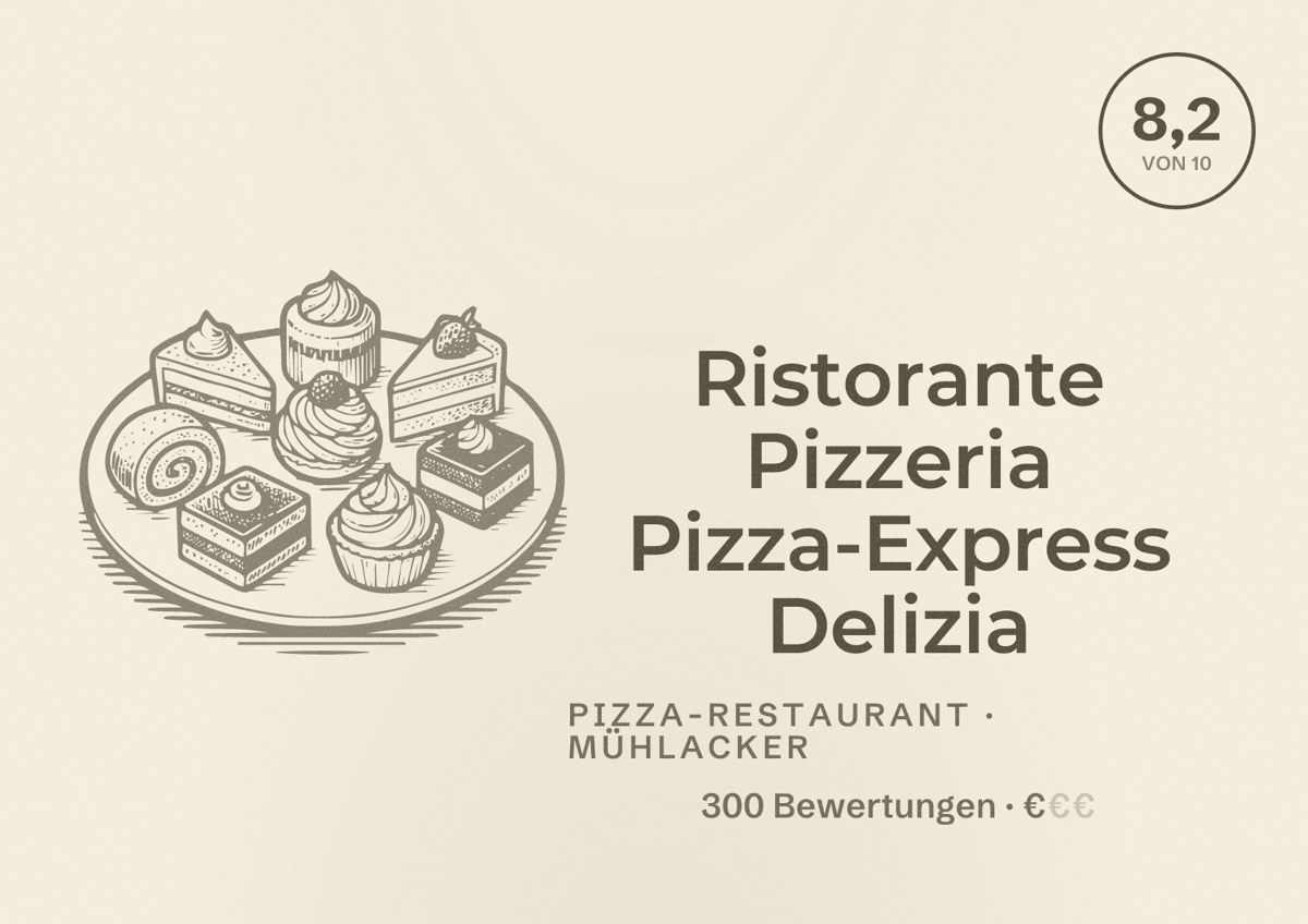 Illustriertes Poster von Ristorante Pizzeria Pizza-Express Delizia, Pizza-Restaurant in Mühlacker: Bewertung 8,2 von 10 aus 300 Bewertungen, Preisniveau €