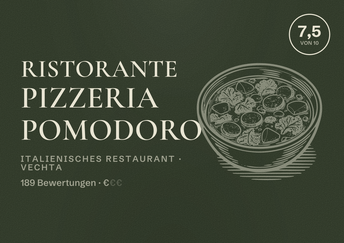 Illustriertes Poster von Ristorante Pizzeria Pomodoro, Italienisches Restaurant in Vechta: Bewertung 7,5 von 10 aus 189 Bewertungen, Preisniveau €