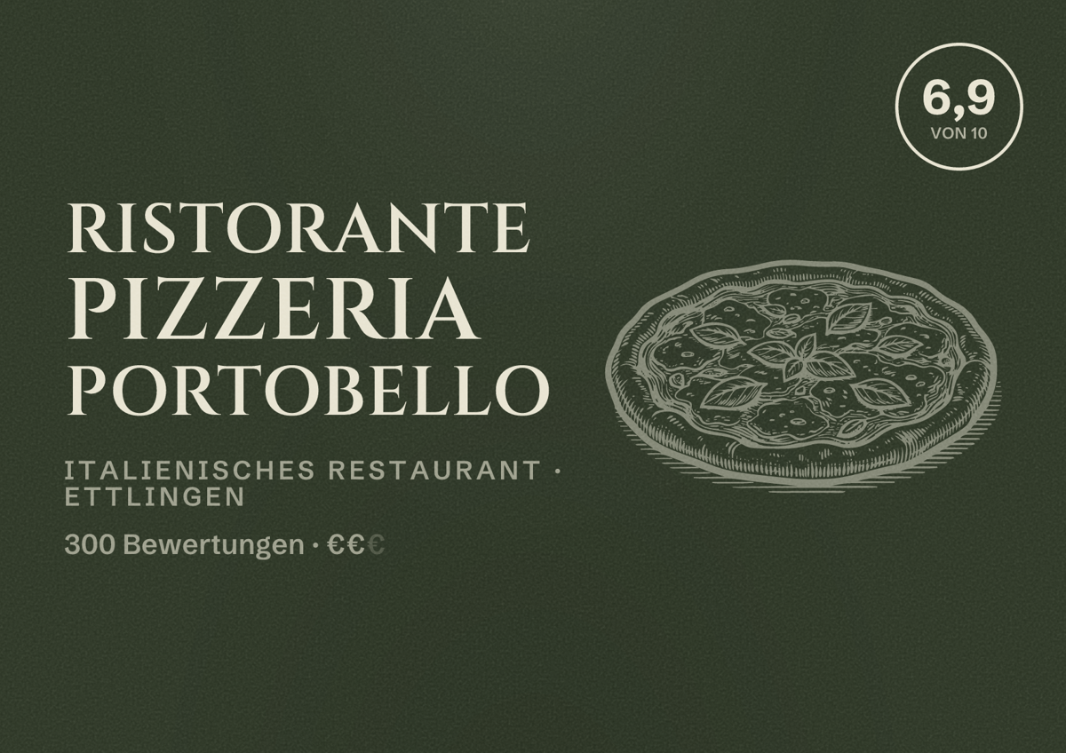 Illustriertes Poster von Ristorante Pizzeria Portobello, Italienisches Restaurant in Ettlingen: Bewertung 6,9 von 10 aus 300 Bewertungen, Preisniveau €€