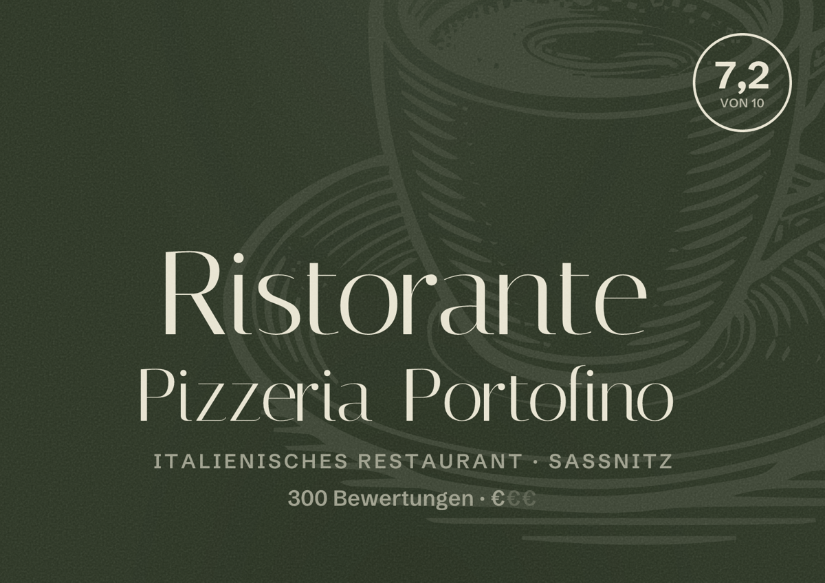 Illustriertes Poster von Ristorante Pizzeria Portofino, Italienisches Restaurant in Sassnitz: Bewertung 7,2 von 10 aus 300 Bewertungen, Preisniveau €