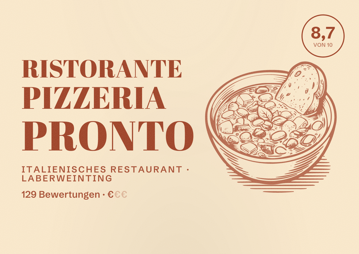 Illustriertes Poster von Ristorante Pizzeria Pronto, Italienisches Restaurant in Laberweinting: Bewertung 8,7 von 10 aus 129 Bewertungen, Preisniveau €