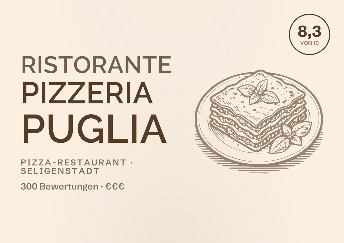 Illustriertes Poster von Ristorante Pizzeria Puglia, Pizza-Restaurant in Seligenstadt: Bewertung 8,3 von 10 aus 300 Bewertungen, Preisniveau €€€