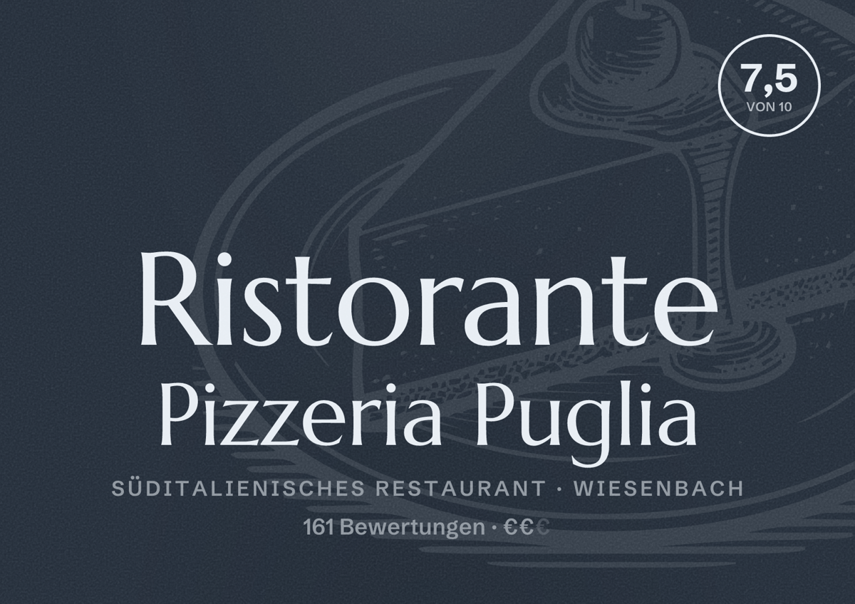Illustriertes Poster von Ristorante Pizzeria Puglia, Süditalienisches Restaurant in Wiesenbach: Bewertung 7,5 von 10 aus 161 Bewertungen, Preisniveau €€