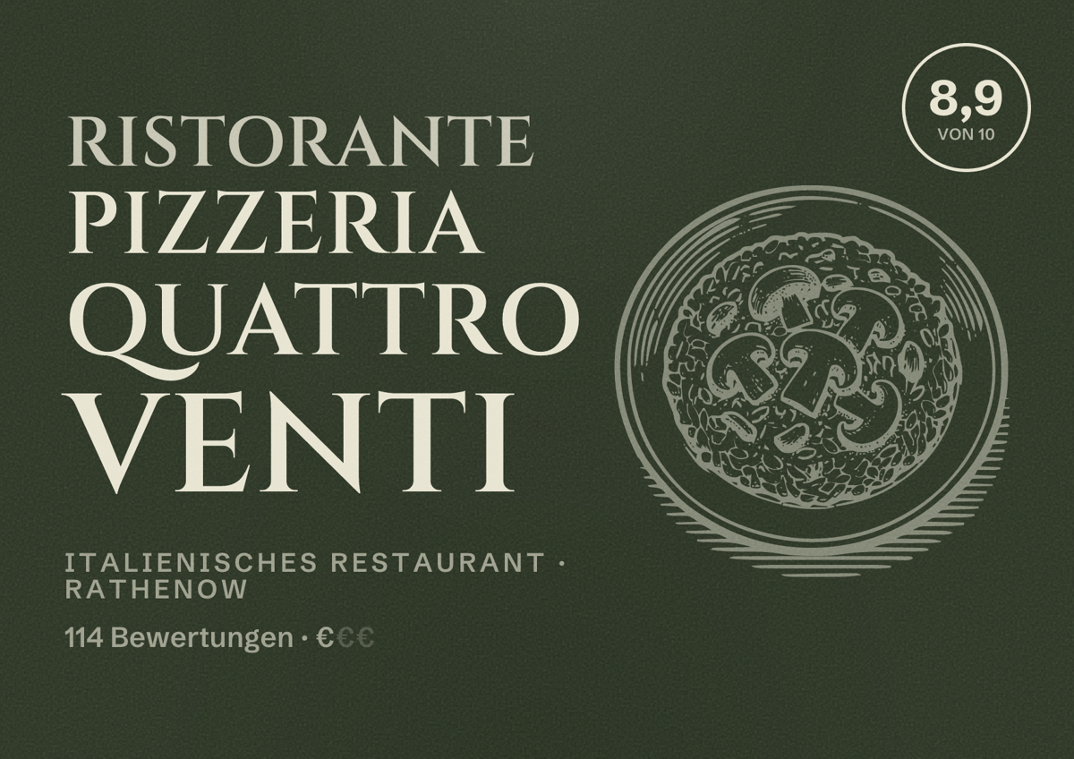 Illustriertes Poster von Ristorante Pizzeria Quattro Venti, Italienisches Restaurant in Rathenow: Bewertung 8,9 von 10 aus 114 Bewertungen, Preisniveau €