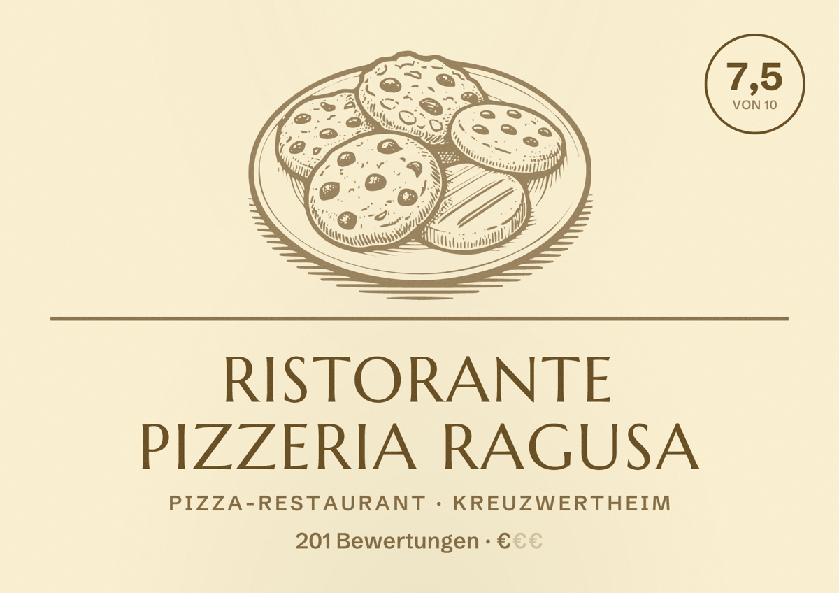 Illustriertes Poster von Ristorante Pizzeria Ragusa, Pizza-Restaurant in Kreuzwertheim: Bewertung 7,5 von 10 aus 201 Bewertungen, Preisniveau €