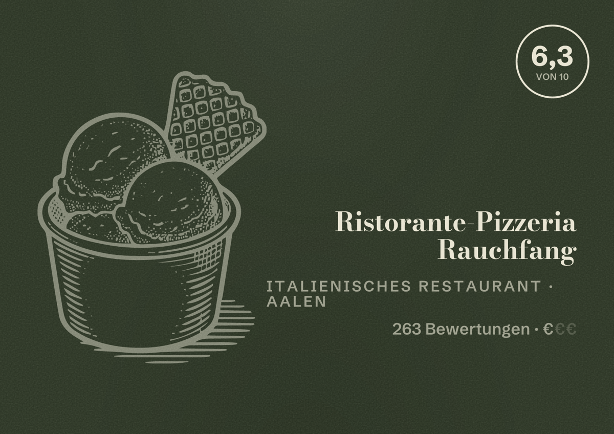 Illustriertes Poster von Ristorante-Pizzeria Rauchfang, Italienisches Restaurant in Aalen: Bewertung 6,3 von 10 aus 263 Bewertungen, Preisniveau €