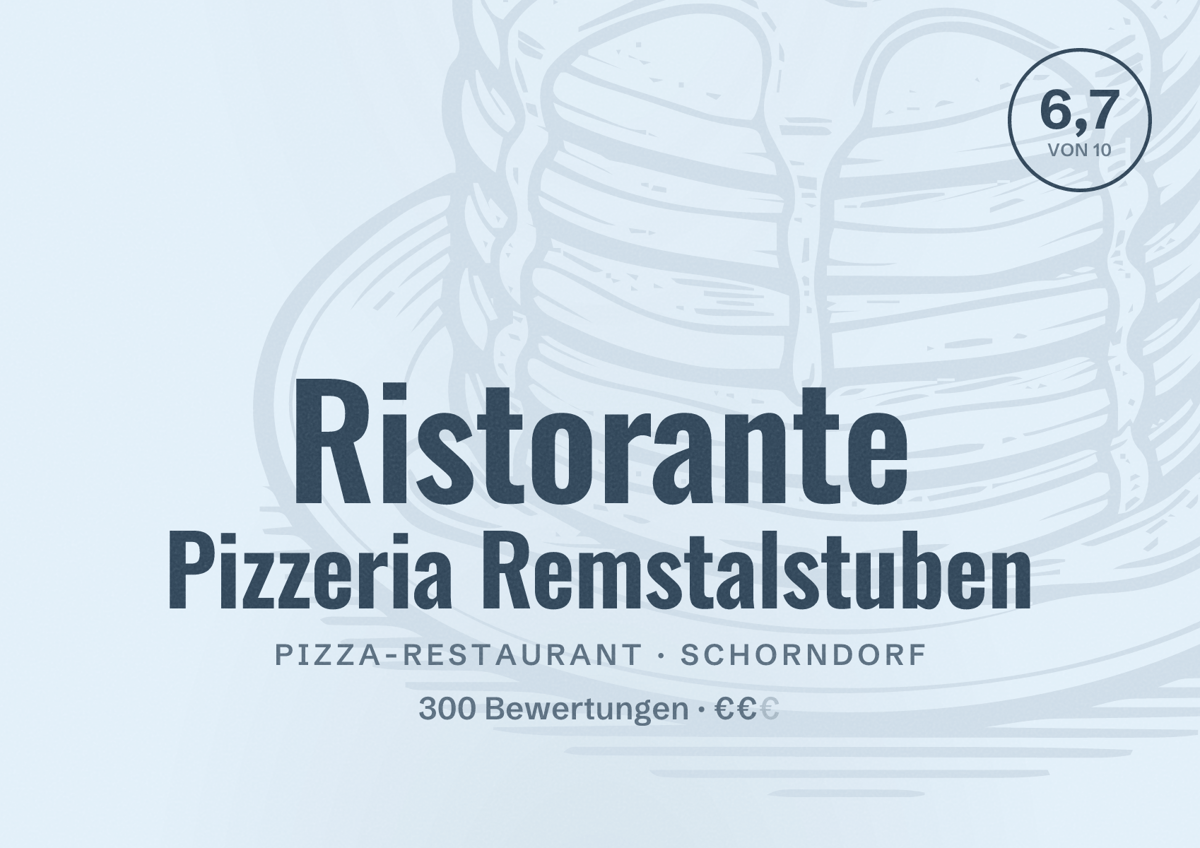 Illustriertes Poster von Ristorante Pizzeria Remstalstuben, Pizza-Restaurant in Schorndorf: Bewertung 6,7 von 10 aus 300 Bewertungen, Preisniveau €€