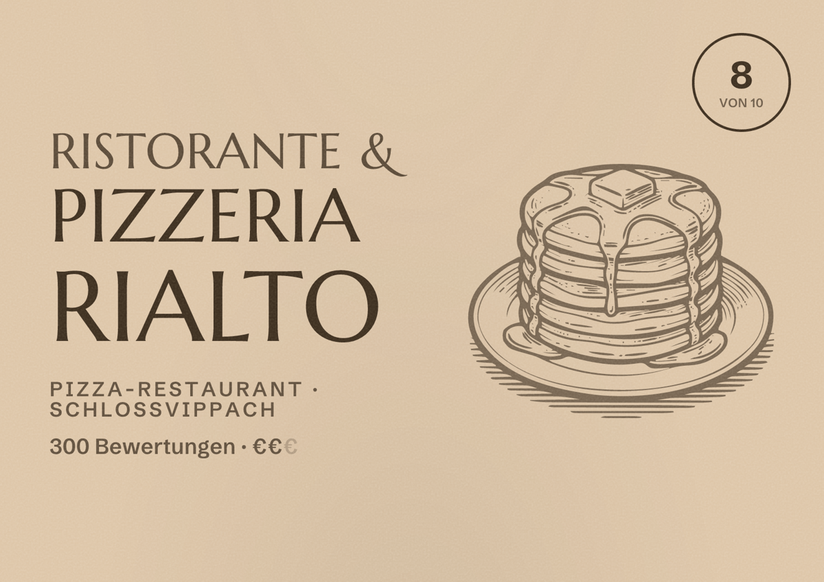 Illustriertes Poster von Ristorante & Pizzeria Rialto, Pizza-Restaurant in Schloßvippach: Bewertung 8 von 10 aus 300 Bewertungen, Preisniveau €€