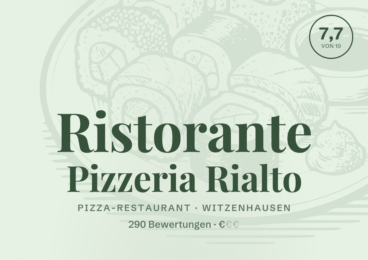 Illustriertes Poster von Ristorante Pizzeria Rialto, Pizza-Restaurant in Witzenhausen: Bewertung 7,7 von 10 aus 290 Bewertungen, Preisniveau €