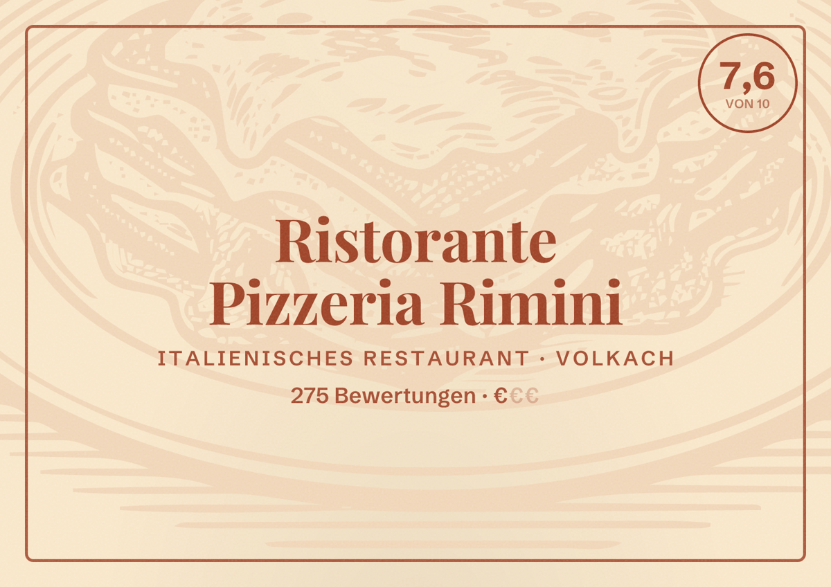 Illustriertes Poster von Ristorante Pizzeria Rimini, Italienisches Restaurant in Volkach: Bewertung 7,6 von 10 aus 275 Bewertungen, Preisniveau €