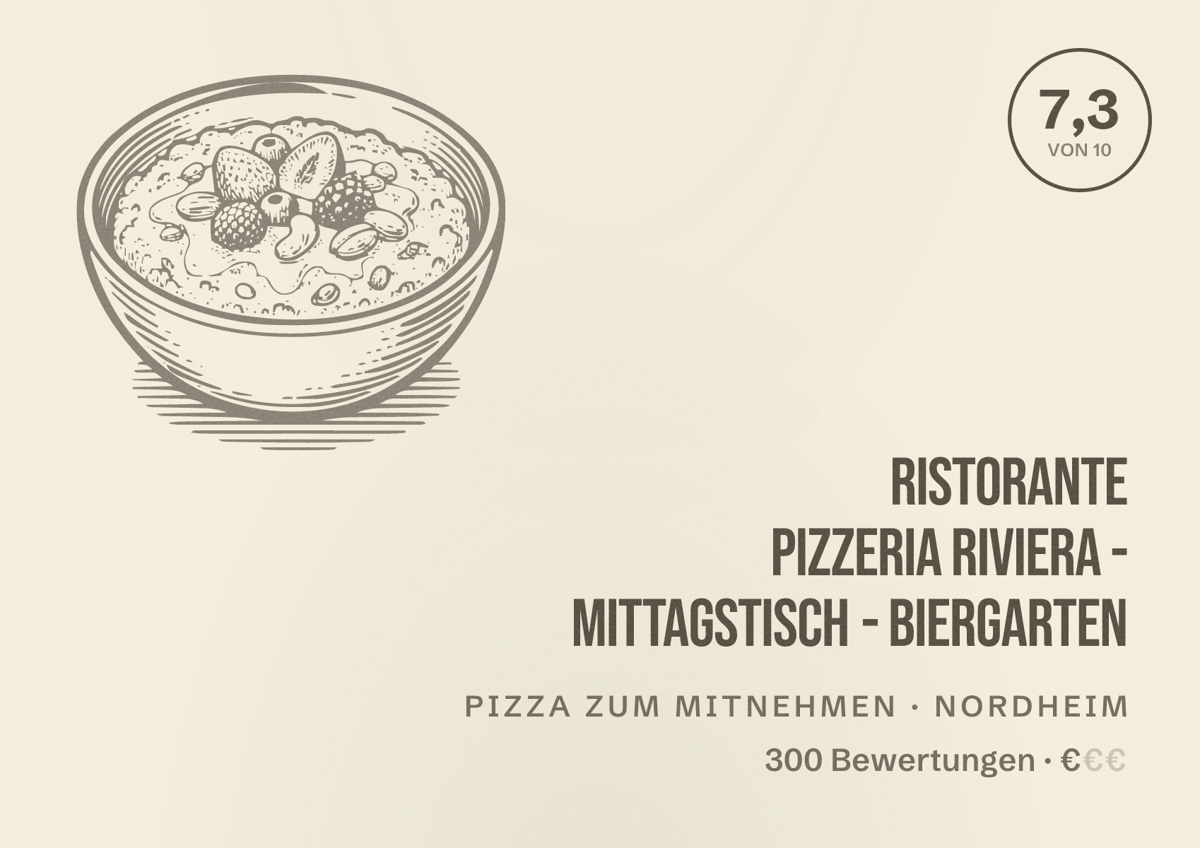 Illustriertes Poster von Ristorante Pizzeria Riviera - Mittagstisch - Biergarten, Pizza zum Mitnehmen in Nordheim: Bewertung 7,3 von 10 aus 300 Bewertungen, Preisniveau €