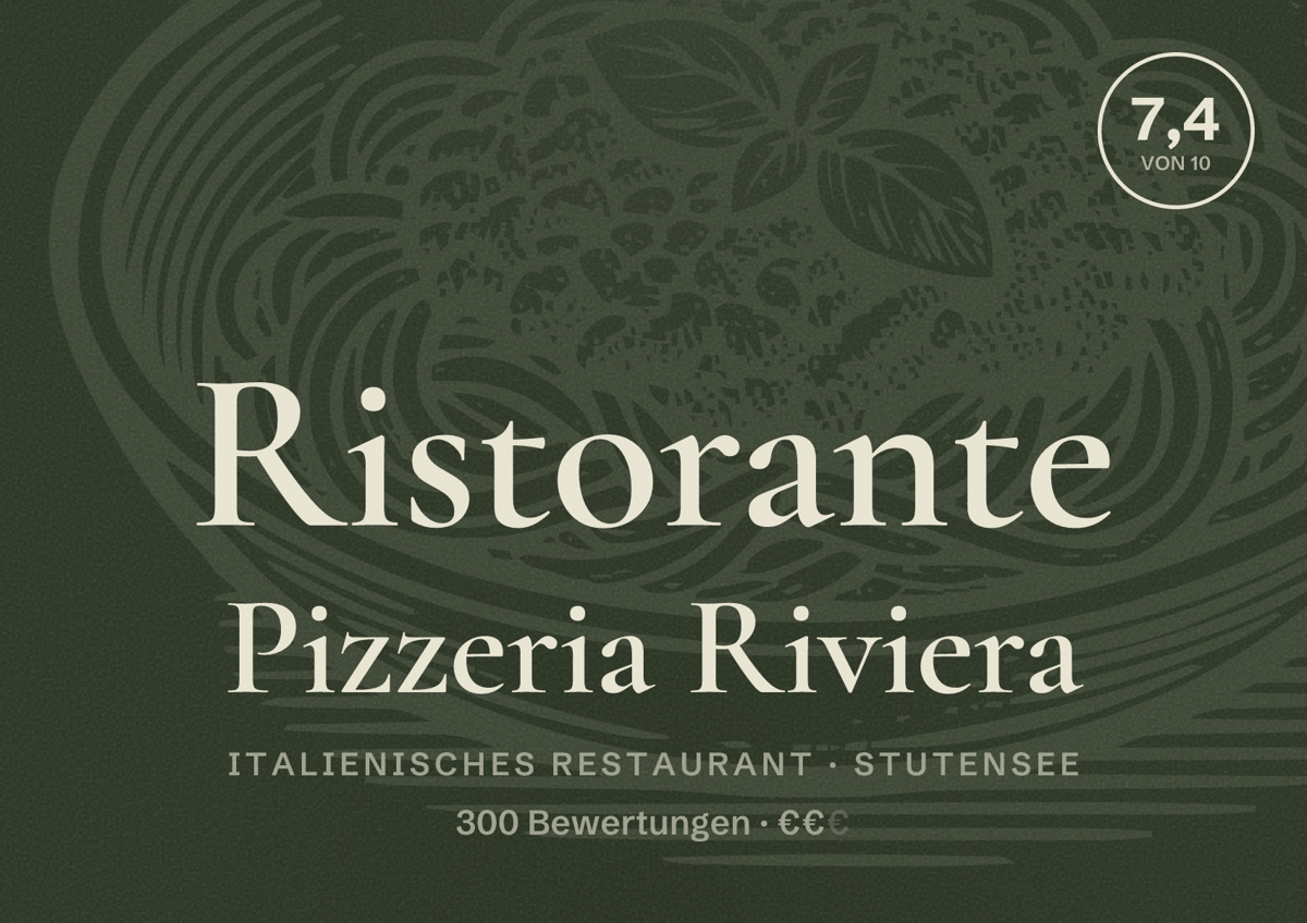 Illustriertes Poster von Ristorante Pizzeria Riviera, Italienisches Restaurant in Stutensee: Bewertung 7,4 von 10 aus 300 Bewertungen, Preisniveau €€