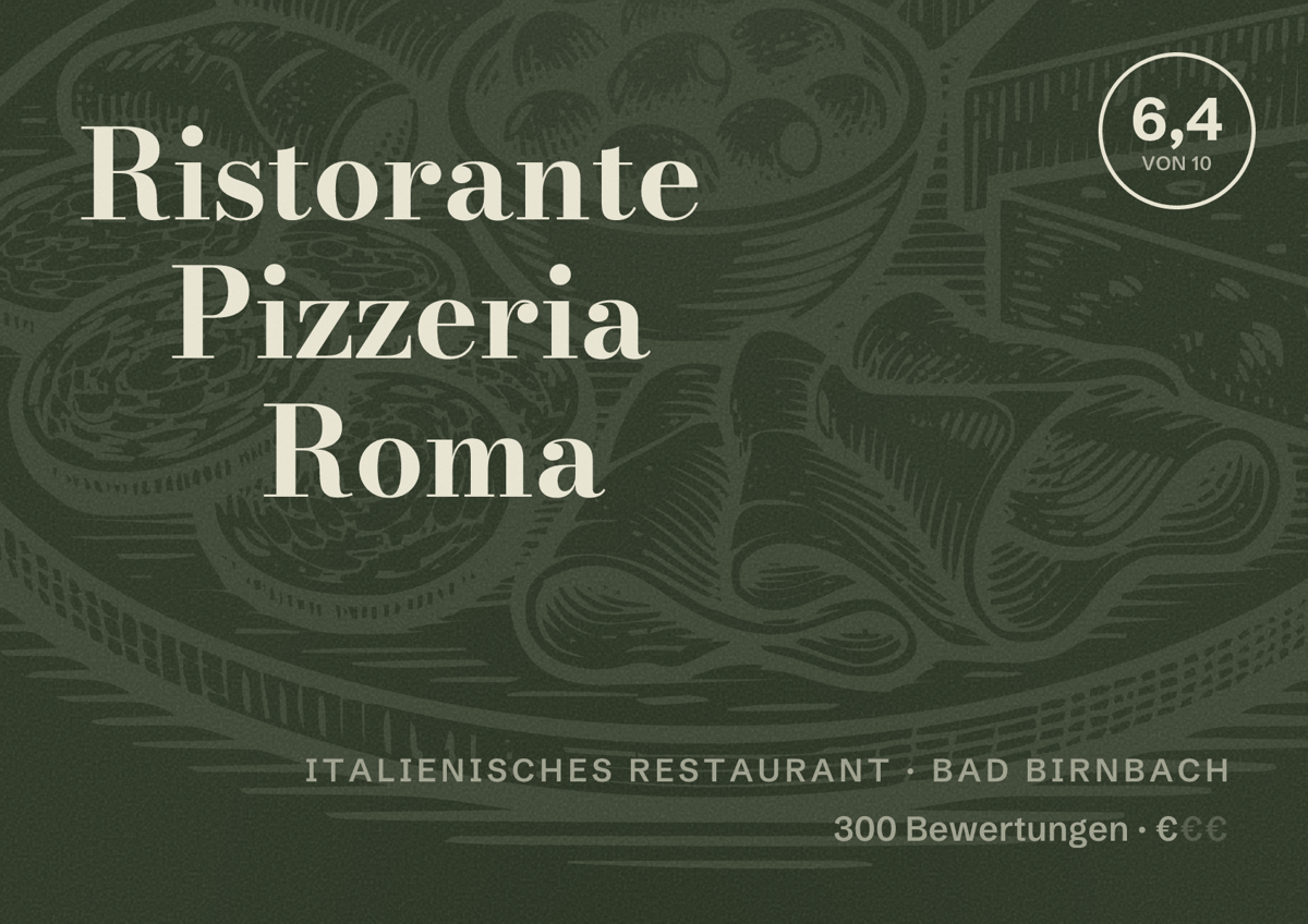Illustriertes Poster von Ristorante Pizzeria Roma, Italienisches Restaurant in Bad Birnbach: Bewertung 6,4 von 10 aus 300 Bewertungen, Preisniveau €