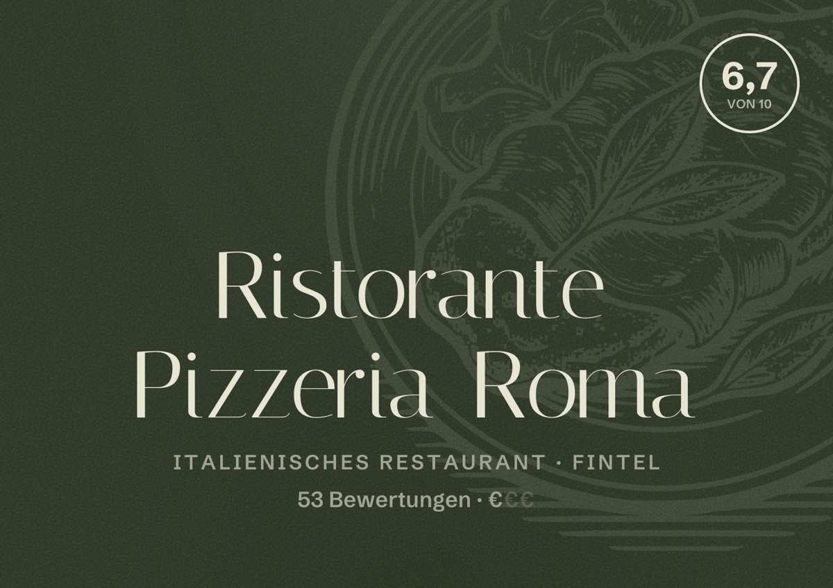 Illustriertes Poster von Ristorante Pizzeria Roma, Italienisches Restaurant in Fintel: Bewertung 6,7 von 10 aus 53 Bewertungen, Preisniveau €
