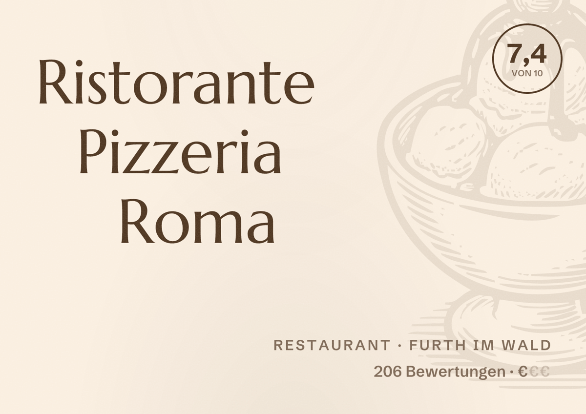 Illustriertes Poster von Ristorante Pizzeria Roma, Restaurant in Furth im Wald: Bewertung 7,4 von 10 aus 206 Bewertungen, Preisniveau €