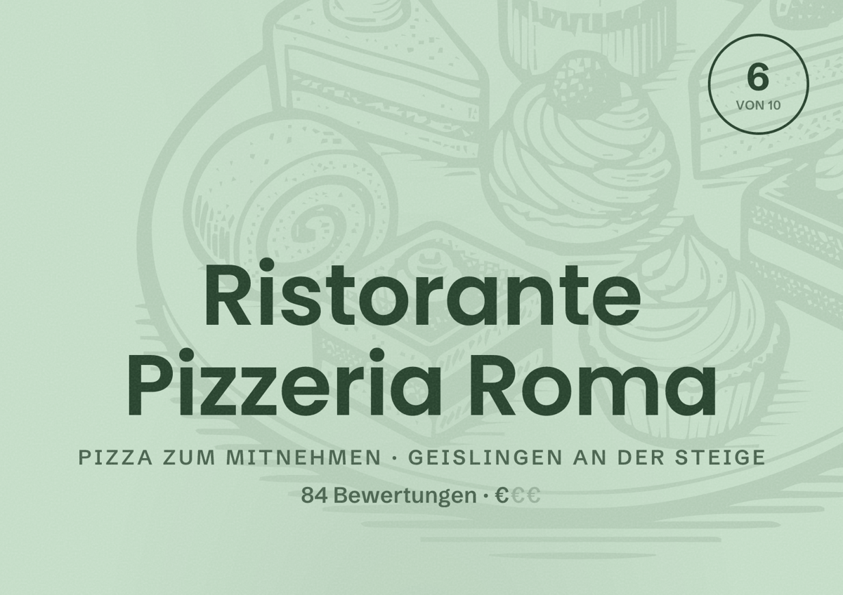 Illustriertes Poster von Ristorante Pizzeria Roma, Pizza zum Mitnehmen in Geislingen an der Steige: Bewertung 6 von 10 aus 84 Bewertungen, Preisniveau €