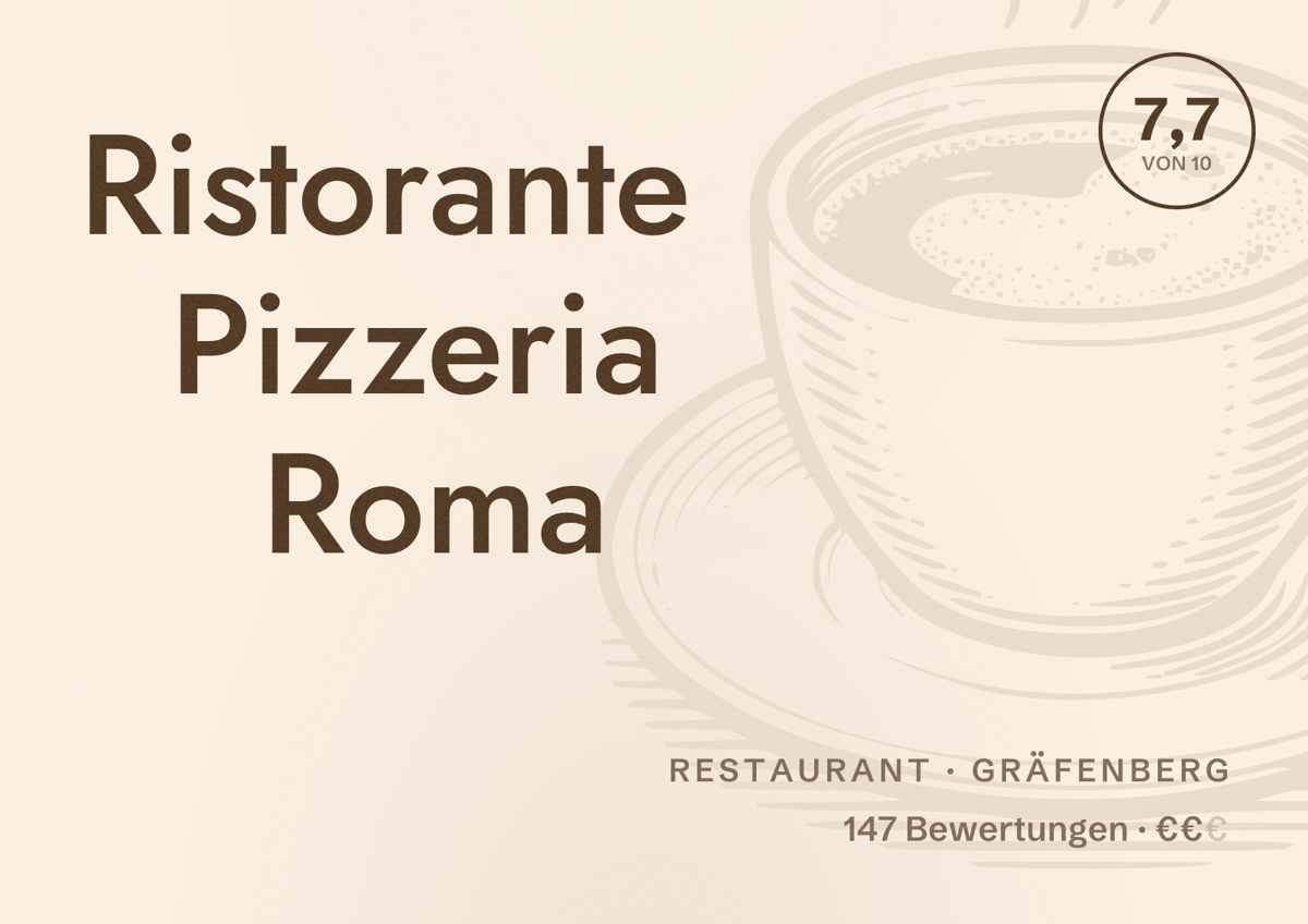 Illustriertes Poster von Ristorante Pizzeria Roma, Restaurant in Gräfenberg: Bewertung 7,7 von 10 aus 147 Bewertungen, Preisniveau €€
