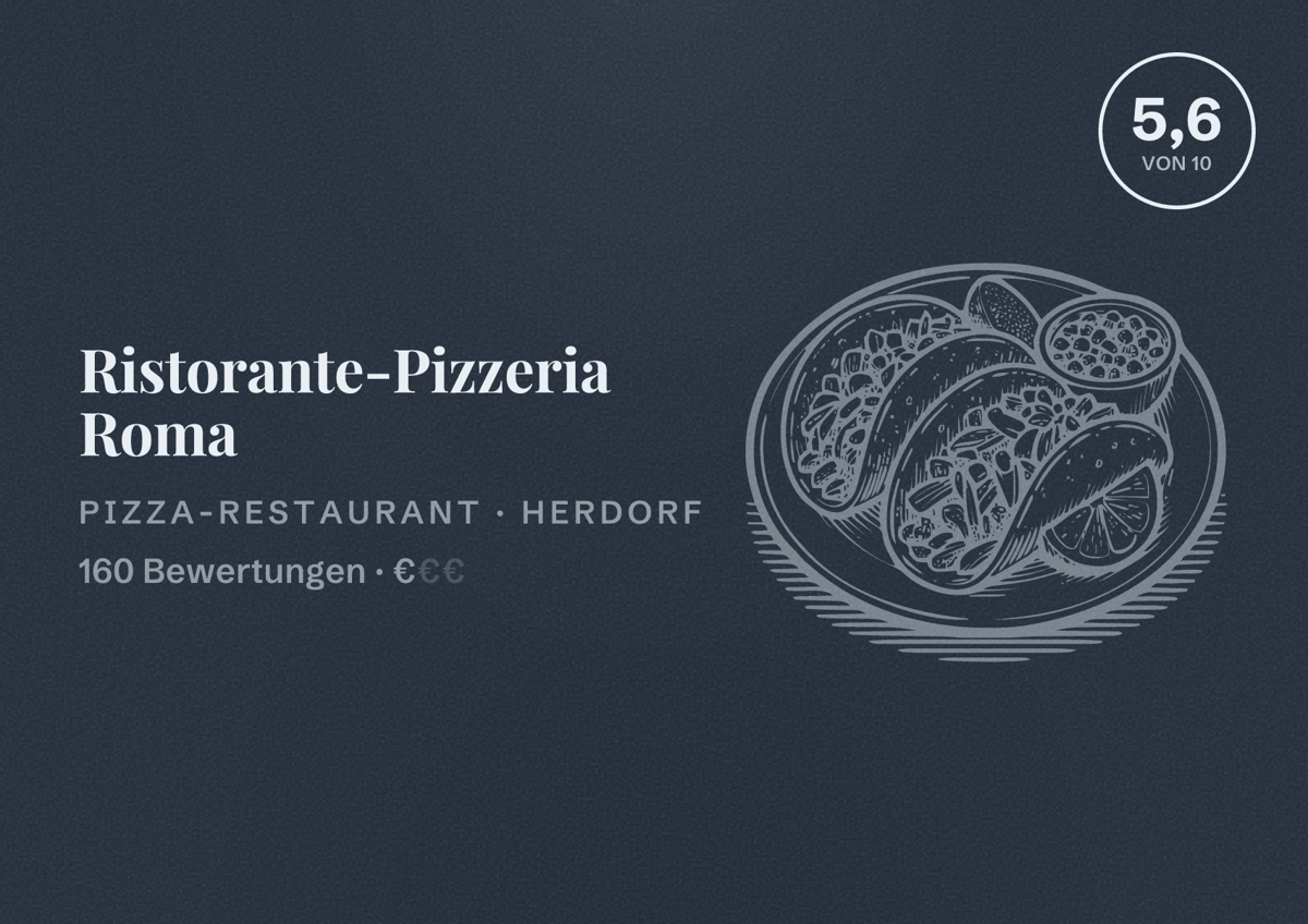 Illustriertes Poster von Ristorante-Pizzeria Roma, Pizza-Restaurant in Herdorf: Bewertung 5,6 von 10 aus 160 Bewertungen, Preisniveau €