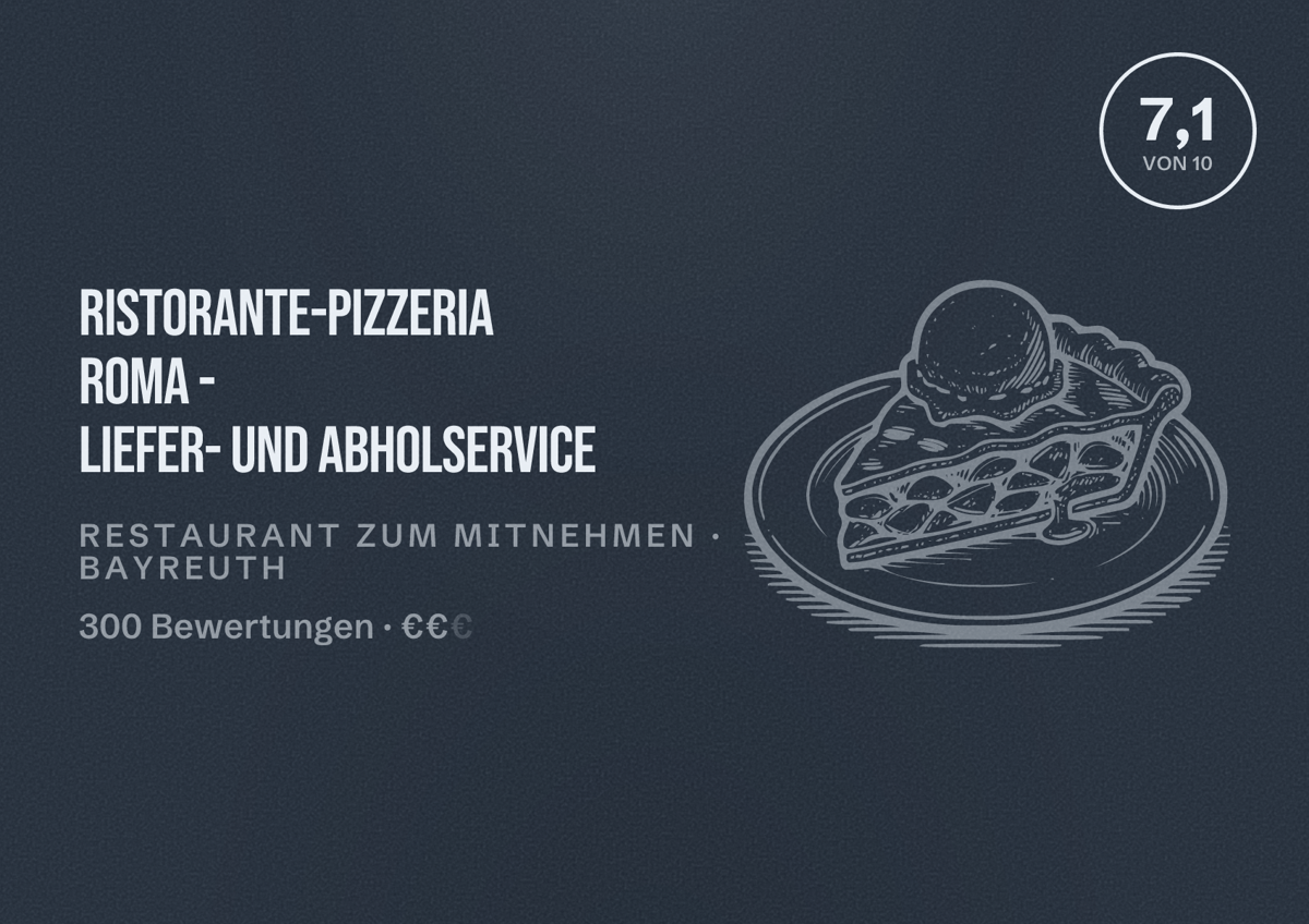 Illustriertes Poster von Ristorante-Pizzeria Roma - Liefer- und Abholservice, Restaurant zum Mitnehmen in Bayreuth: Bewertung 7,1 von 10 aus 300 Bewertungen, Preisniveau €€