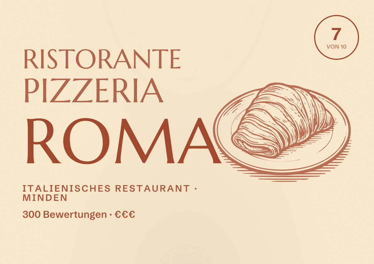 Illustriertes Poster von Ristorante Pizzeria Roma, Italienisches Restaurant in Minden: Bewertung 7 von 10 aus 300 Bewertungen, Preisniveau €€€