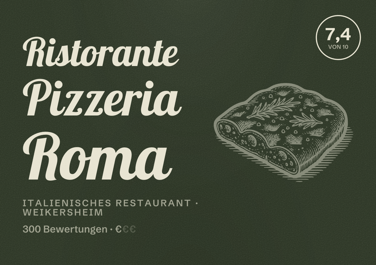 Illustriertes Poster von Ristorante Pizzeria Roma, Italienisches Restaurant in Weikersheim: Bewertung 7,4 von 10 aus 300 Bewertungen, Preisniveau €