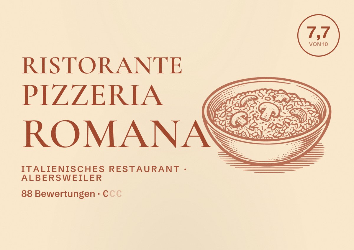 Illustriertes Poster von Ristorante Pizzeria Romana, Italienisches Restaurant in Albersweiler: Bewertung 7,7 von 10 aus 88 Bewertungen, Preisniveau €