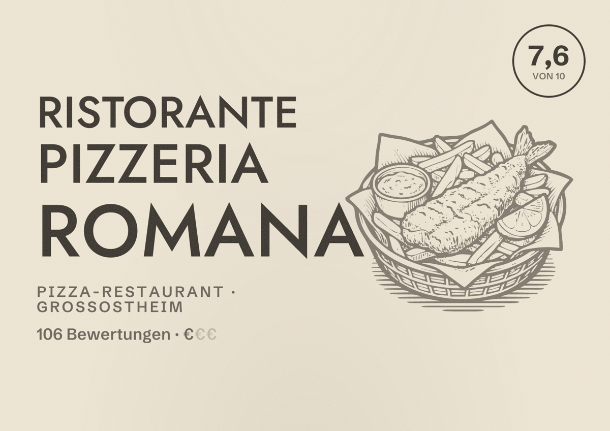 Illustriertes Poster von Ristorante Pizzeria Romana, Pizza-Restaurant in Großostheim: Bewertung 7,6 von 10 aus 106 Bewertungen, Preisniveau €