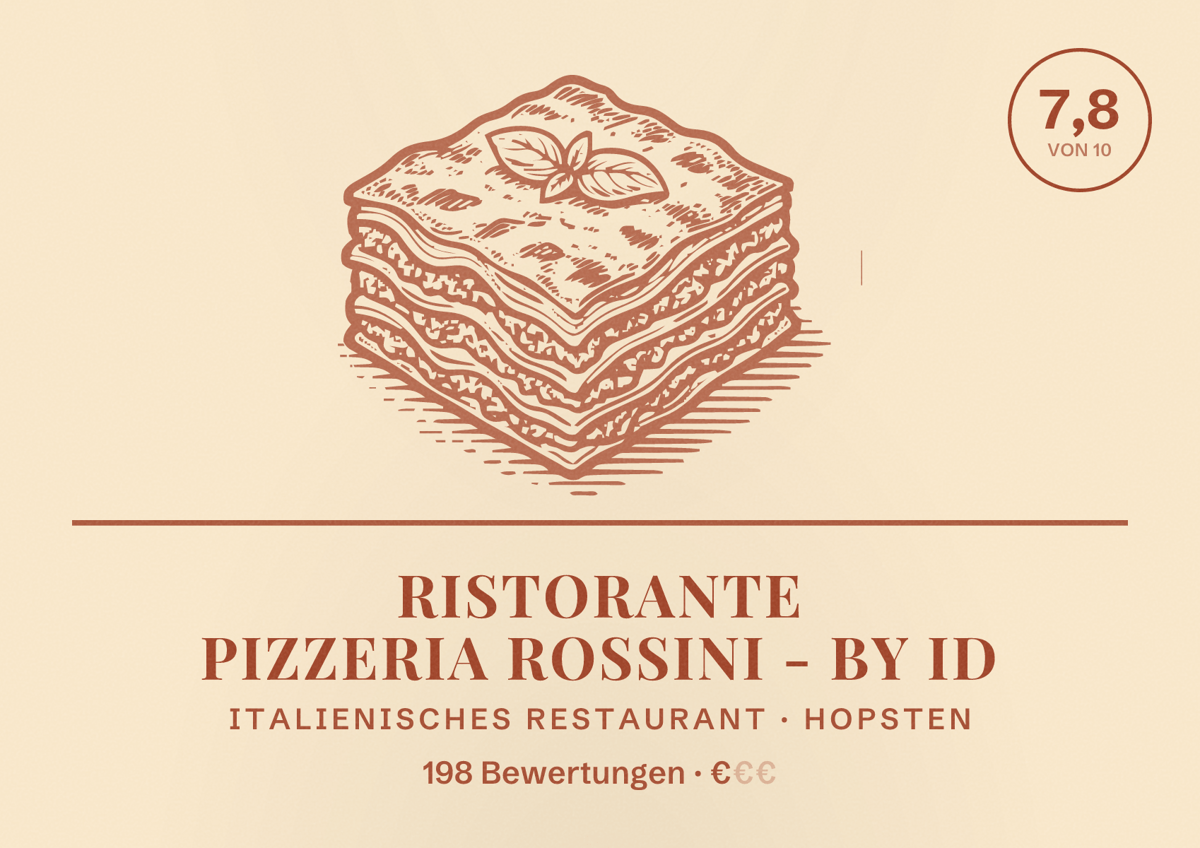 Illustriertes Poster von Ristorante Pizzeria Rossini - by ID, Italienisches Restaurant in Hopsten: Bewertung 7,8 von 10 aus 198 Bewertungen, Preisniveau €