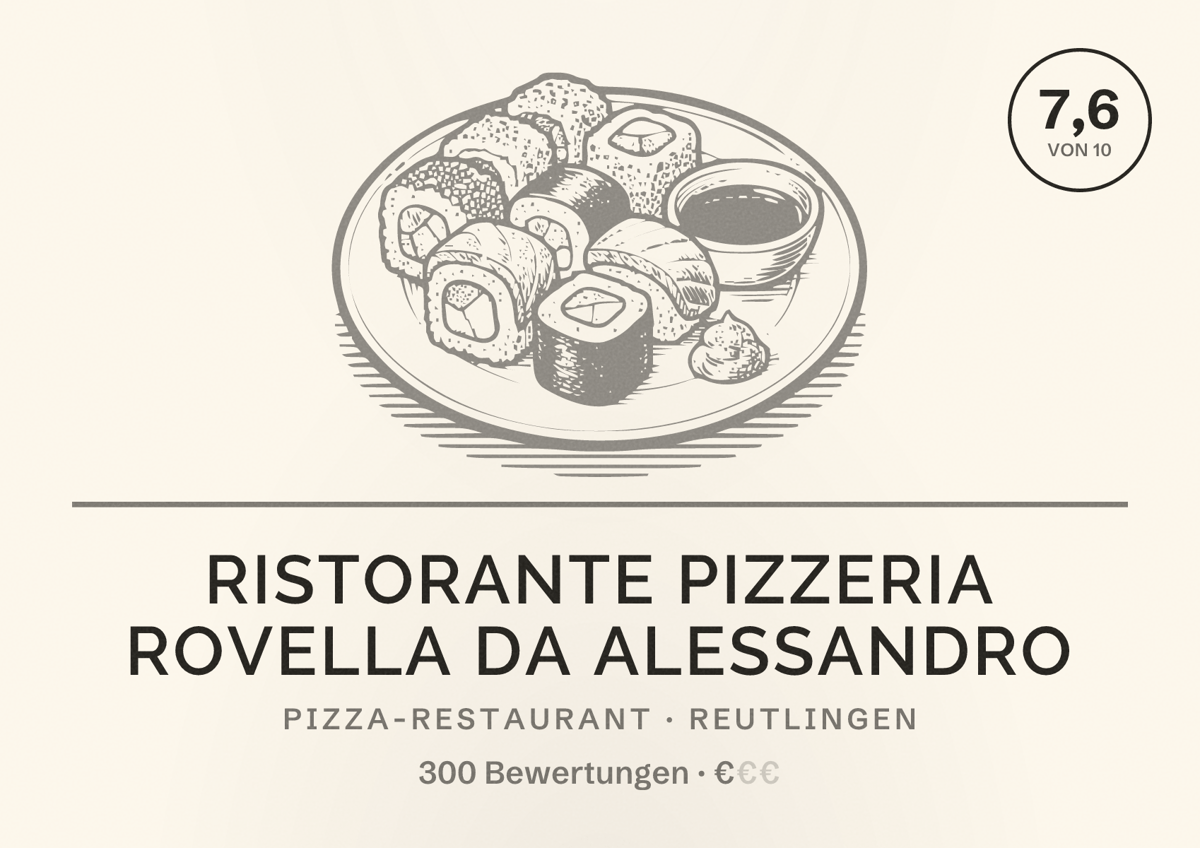 Illustriertes Poster von Ristorante Pizzeria Rovella da Alessandro, Pizza-Restaurant in Reutlingen: Bewertung 7,6 von 10 aus 300 Bewertungen, Preisniveau €