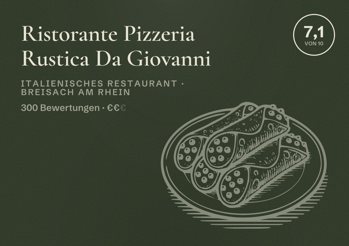 Illustriertes Poster von Ristorante Pizzeria Rustica Da Giovanni, Italienisches Restaurant in Breisach am Rhein: Bewertung 7,1 von 10 aus 300 Bewertungen, Preisniveau €€
