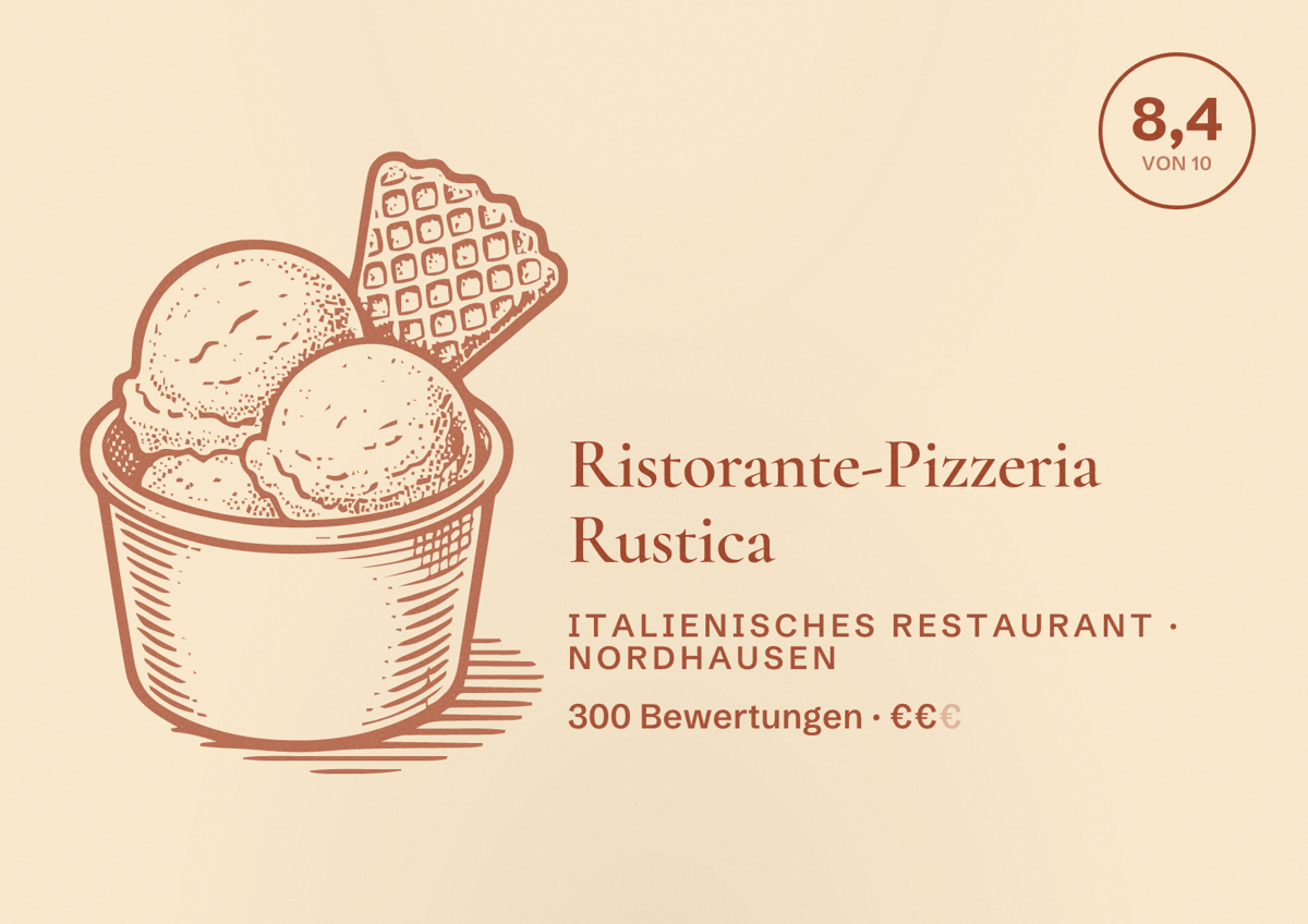Illustriertes Poster von Ristorante-Pizzeria Rustica, Italienisches Restaurant in Nordhausen: Bewertung 8,4 von 10 aus 300 Bewertungen, Preisniveau €€