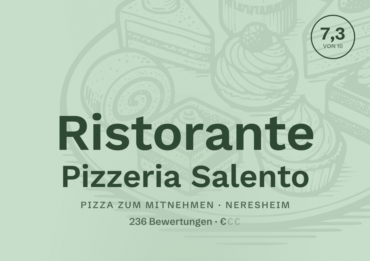 Illustriertes Poster von Ristorante Pizzeria Salento, Pizza zum Mitnehmen in Neresheim: Bewertung 7,3 von 10 aus 236 Bewertungen, Preisniveau €