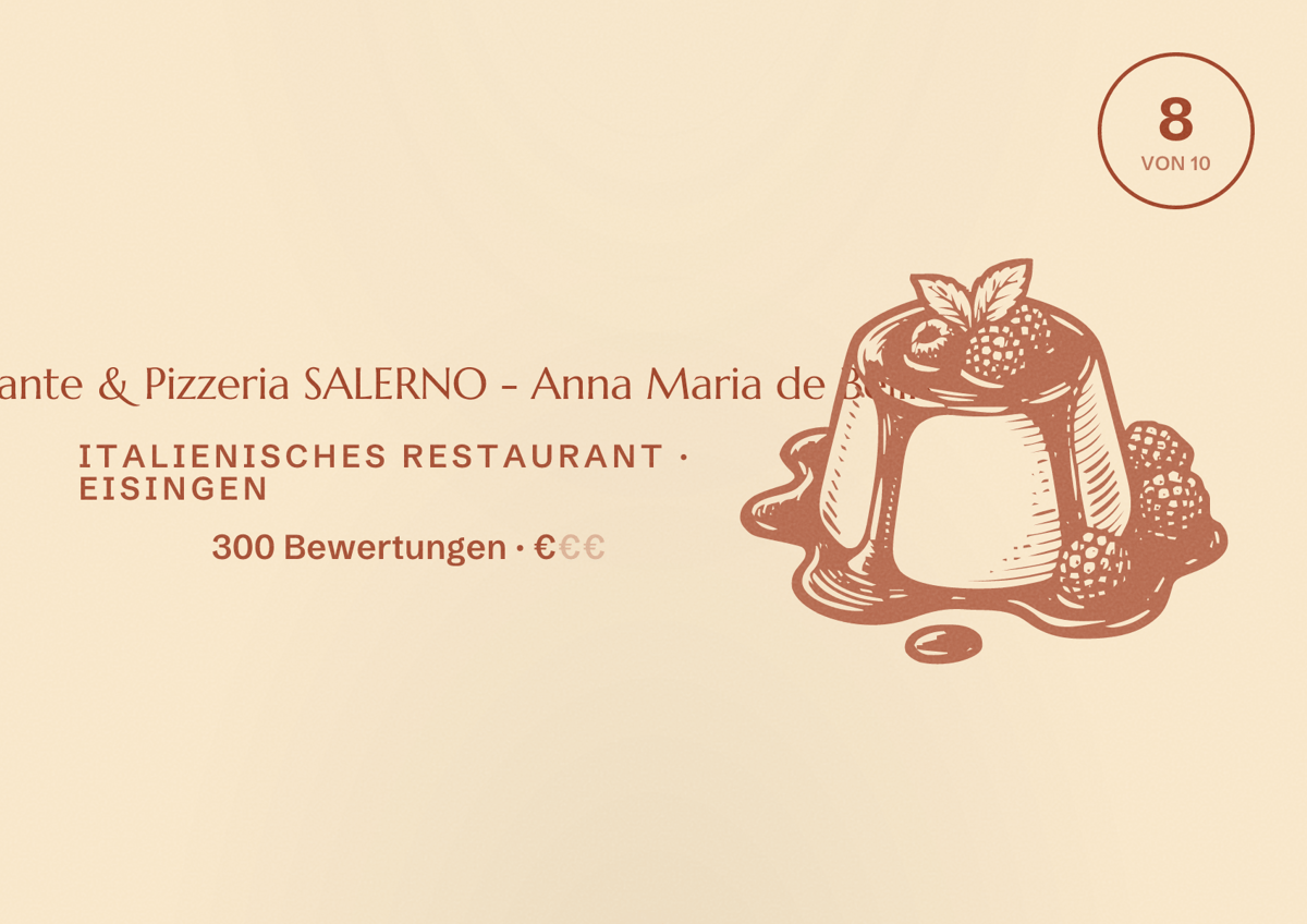 Illustriertes Poster von Ristorante & Pizzeria SALERNO - Anna Maria de Bellis, Italienisches Restaurant in Eisingen: Bewertung 8 von 10 aus 300 Bewertungen, Preisniveau €