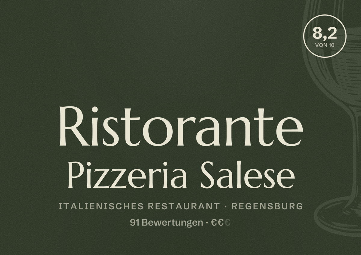 Illustriertes Poster von Ristorante Pizzeria Salese, Italienisches Restaurant in Regensburg: Bewertung 8,2 von 10 aus 91 Bewertungen, Preisniveau €€