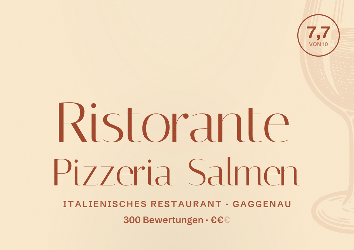 Illustriertes Poster von Ristorante Pizzeria Salmen, Italienisches Restaurant in Gaggenau: Bewertung 7,7 von 10 aus 300 Bewertungen, Preisniveau €€