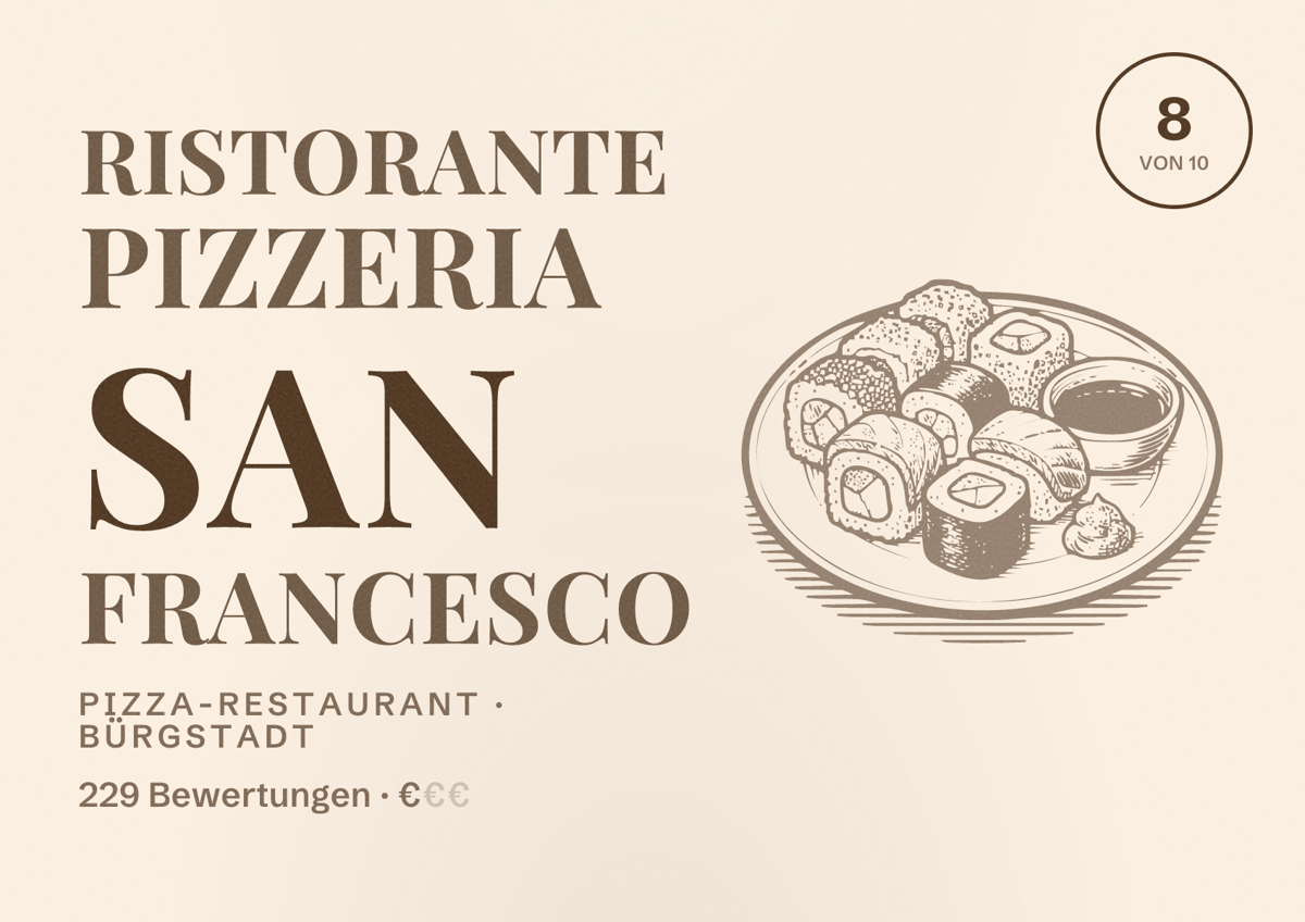 Illustriertes Poster von Ristorante Pizzeria San Francesco, Pizza-Restaurant in Bürgstadt: Bewertung 8 von 10 aus 229 Bewertungen, Preisniveau €